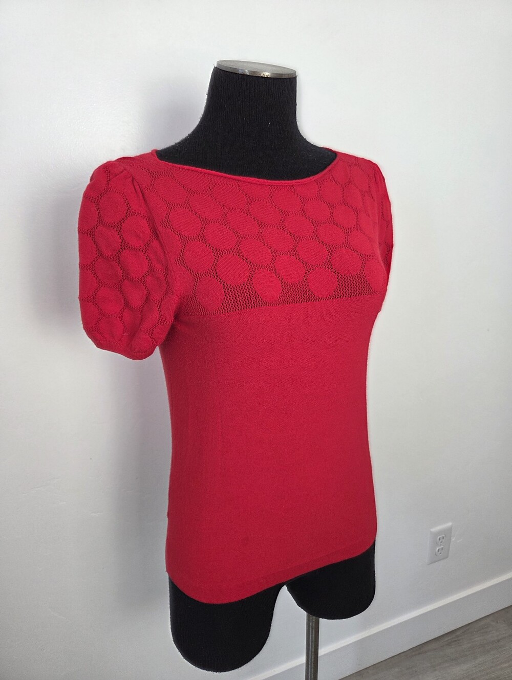 Emporio Armani Red Knit Top Puff Sleeve Sheer Romantic Feminine Date Night EU 44